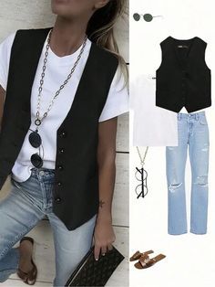 Casual Black Vest Outfit Women, Black Vest For Women, Black Dress Vest Outfits For Women, Outfit Ideas With Black Vest, Black Denim Vest Outfits For Women, Vest Long Sleeve Outfits, Vest Fall Outfits For Women, Dressy Vest Outfits, Black Button Up Vest Outfit