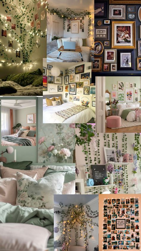 Sage And Pink Room Aesthetic, Pink And Sage Room Aesthetic, Sage Green And Light Pink Dorm Room, Room Ideas Aesthetic Sage Green And Pink, Sage Green Bedroom Fairy Lights, Sage Green And Pink, Sage Green Bedroom Aesthetic Indie, Green Room Decor, Hanging Vines