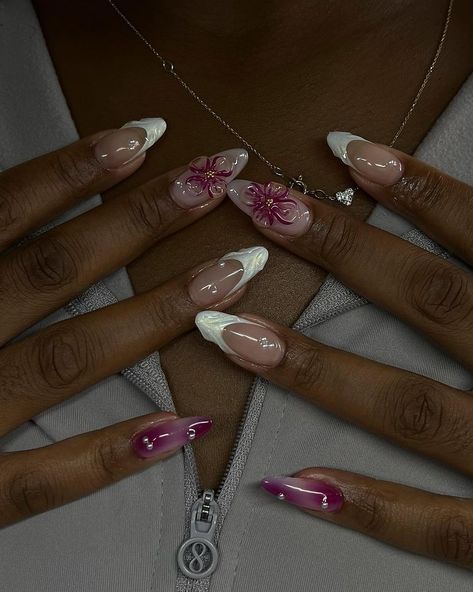 love these sm 🥹🍇🌸 inspo: @nnailedbynic @shopagaloreco products used: *bonding base *velvet teddy + lace base *ultra white + wine *bling… | Instagram White Gel X Nails, Almond Shape Acrylics, Gel Nail Designs For Fall, White Base Nails, Brown And Pink Nails, Fall Inspo Nails, Pink Girly Nails, Coffin Summer Nails, White Wedding Nails