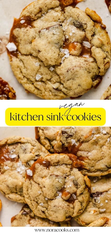 Vegan Kitchen Sink Cookies, Vegan Danish Butter Cookies, Vegan Salted Caramel Cookies, Vegan Caramel Cookies, Kitchen Sink Cookies Recipe, Vegan Cookie Recipes, Vegan Holiday Cookies, Fall Widgets, Sink Cookies