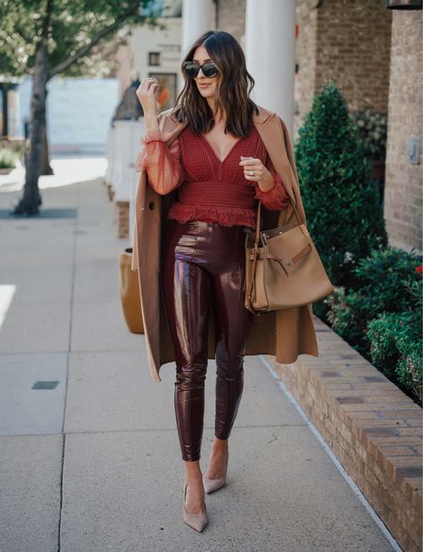 Fall outfit inspo, outfit inspiration for fall, spanx leggings, chic fall style, spanx legging outfits Wine Colored Leather Pants Outfit, Burgundy Leather Leggings Outfit, Maroon Faux Leather Leggings Outfit, Burgandy Legging Outfits, Fall Brown Faux Leather Leggings, Tulle Blouse, Chic Fall Fashion, Outfit Inspo Fall, Outfits With Leggings