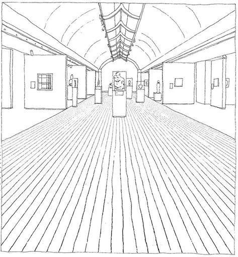 Museum Interior Sketch, Museum Perspective Drawing, Museum Sketches Architecture, People As Cartoons, Impressive Sketches, Museum Drawing, Museum Layout, Kimbell Art Museum, Sectional Perspective