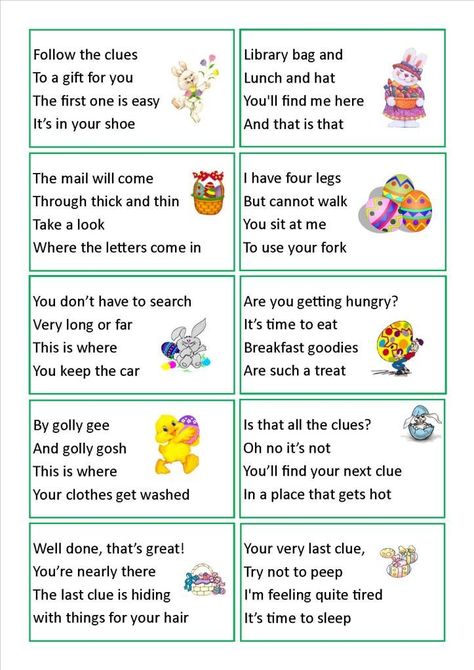 Easter egg hunt clues...we have done this a few times, makes it much harder for older kids to find the easter treat!! So much fun...wish my kids were still little!! Easter Scavenger Hunt Clues, Egg Hunt Clues, Easter Egg Scavenger Hunt, Easter Egg Hunt Clues, Easter Treasure Hunt, Easter Scavenger Hunt, Treasure Hunt Clues, Scavenger Hunt Clues, Easter Hunt