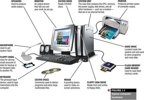 Common computer hardware components include the keyboard, mouse, microphone, scanner, Web cam, print, monitor, speakers, system unit, hard disk drive, external hard disk, optical disc drive(s), USB flash drive, card reader/writer, memory cards, and modem Computer Parts And Components, Computer Lessons, Computer Literacy, Computer Basic, Output Device, Hardware Components, Dvd Drive, Computer Basics, Computer Lab