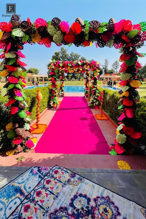 Mehandi Entrance Decor, Tropical Entrance Decor, Tropical Mehendi Decor, Tropical Haldi Decor, Wedding Carnival Theme Decor, Carnival Theme Haldi Decor, Carnival Theme Wedding Decor, Tropical Wedding Theme Decor, Mehendi Entrance Decor