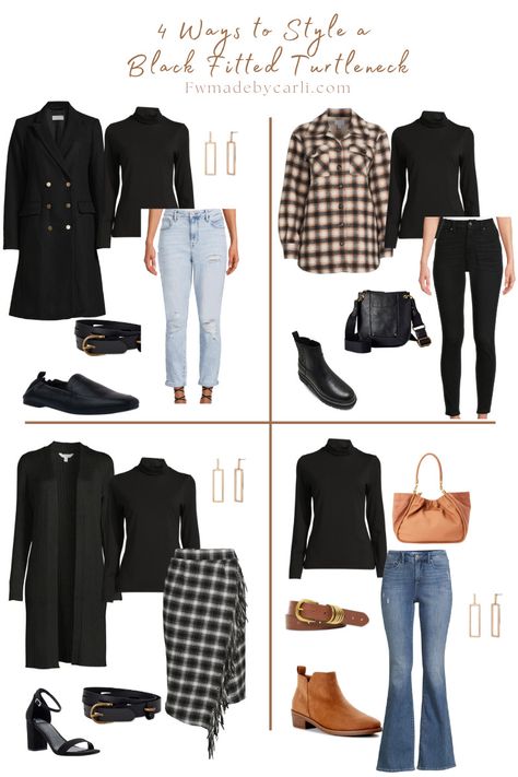 4 Ways to Style a Black Fitted Turtleneck - Made by Carli Black Turtleneck Outfit Aesthetic, Black Turtleneck Outfit Winter, Aesthetic Black Jeans, Black Jeans Outfit Work, Turtleneck Outfit Casual, Black Jeans Outfit Aesthetic, Jeans Outfit Work, Jean Outfits Fall, Black Fitted Turtleneck