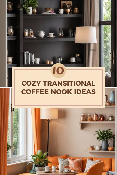 Dreaming about a coffee nook that balances comfort and elegance? These 10 cozy transitional coffee nook ideas are perfect for you! Explore stylish shelf arrangements, chic seating areas, and delightful orange accents that bring your space to life. Whether you prefer vintage charm or modern flair, we have something for everyone seeking to create a warm atmosphere perfect for sipping your morning brew. Transform your space into the ultimate spot for relaxation and lounging. Get inspired to bring comfort and sophistication home! Coffee Lounge Ideas Home, Small Coffee Nook, Coffee Lounge Ideas, Undining Room, Coffee Nook Ideas, Cozy Transitional, Coffee Nooks, Relaxation Corner, Nook Inspiration