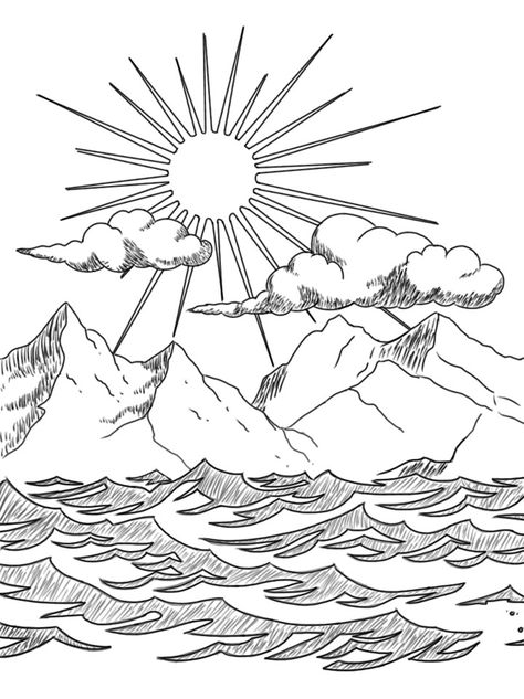 Ocean/water, Mountain/Earth, Clouds/Air, Sun/Fire. Sun And Clouds Tattoo Sleeve, Clouds And Mountains Tattoo, Mountain And Ocean Drawing, Air Tattoo Ideas, Sun And Clouds Tattoo, Steve Tattoo, Literature Tattoos, Rising Sun Tattoos, Rain Tattoo