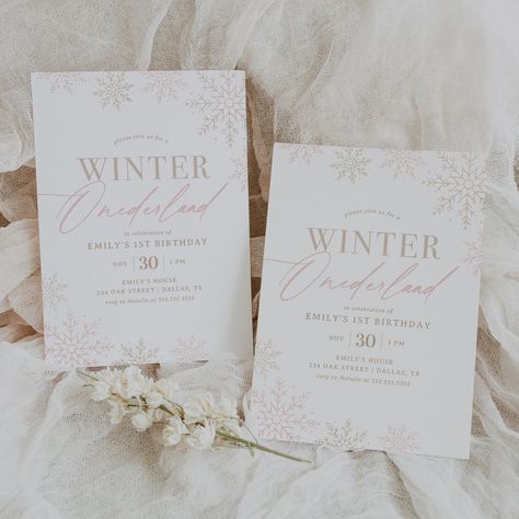 Winter Onederland Pink Gold Glitter 1st Birthday Invitation Winter First Birthday Invitations, Winterland Birthday Party Decorations, Winter Onederland Party Neutral, Winter Onederland Invite, Winteroneder Land Theme Party, Winter First Birthday Themes, 1st Birthday Winter Onederland, Winter Baby Birthday Party, Winter Themed Birthday Party