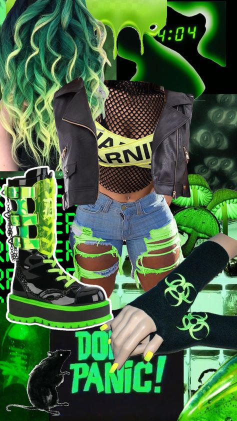 #neongreen #green #party #black #vibes #outfit #toxic #slime #greenhair Toxic Green Aesthetic Outfit, Green Toxic Aesthetic, Toxic Green Aesthetic, Black And Green Cybercore, Green Cybergoth, Green Hair, Neon Green, Green, Black