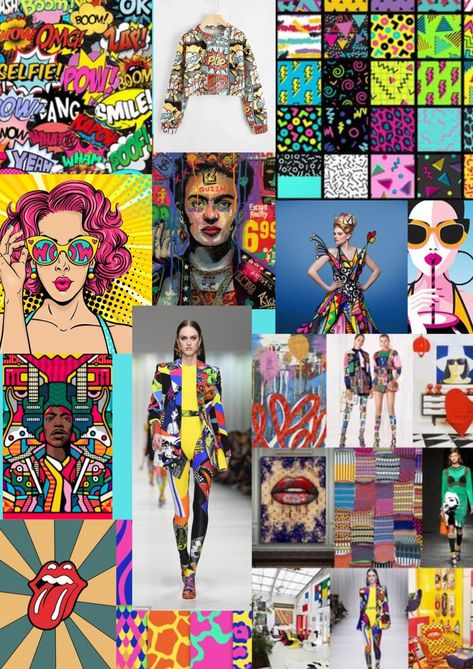 Pop Art Mood Board Fashion, Pop Art Mood Board, Maximal Fashion, Textile Moodboard, Art Mood Board, Cubism Fashion, Theory Fashion, 60s Summer, Mood Board Fashion Inspiration