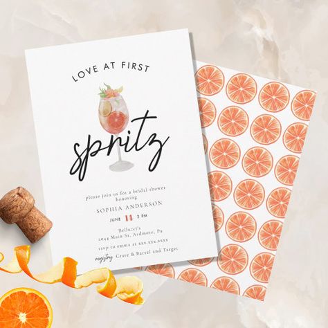 Spritz Shower Theme, Love At First Spritz Theme, Aperol Spritz Bridal Shower Theme, Minimalist White Background, Love At First Spritz, Tropical Bridal Shower Invitations, Bridal Shower Inspo, Invitations Ideas, Tropical Bridal Showers