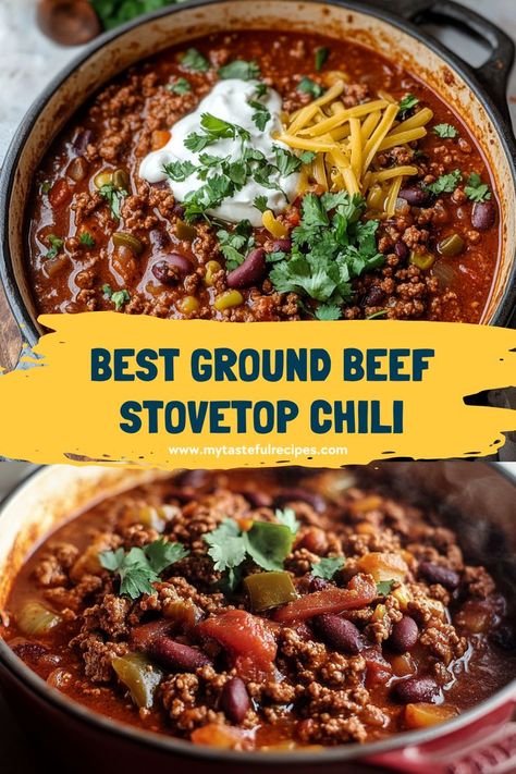 Satisfy your chili cravings with this ultimate Ground Beef Stovetop Chili! A simple and delicious recipe that’s full of bold flavors, it’s the perfect dish for any occasion, from weeknights to weekend gatherings. Chili Beanless Recipe, Chili Recipe On Stovetop, Ground Meat Chili Recipe, Most Popular Chili Recipe, Chilli Stovetop Recipe, Chili Recipe Stovetop Ground Beef, Chili Recipe With Beef And Sausage, Chili Recipe Beef Broth, Best Homemade Chili Recipe Crock Pot