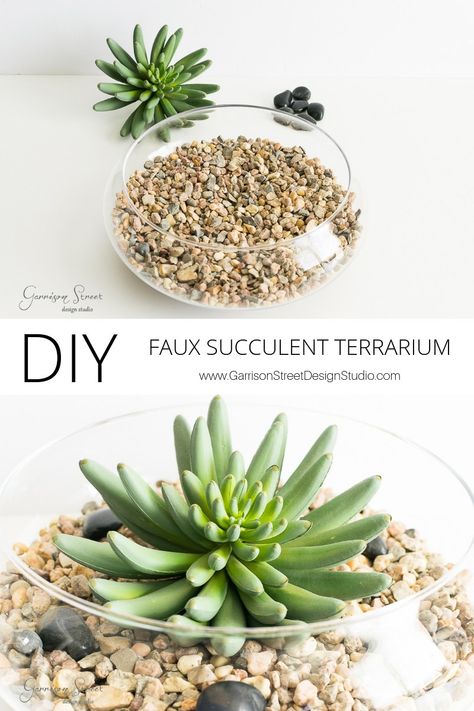 DIY Faux Succulent Terrarium | ©️GarrisonStreetDesignStudio | DIY | Faux | Succulent | Terrarium | Rock | Indoor | Easy | Natural | Décoration | Decorating | In Containers | Arrangement | Outdoor | Plants | Shade | Fake | Artificial | Glass | Bowl | Design | Open | Garden | How to Plant | Ideas | Centerpiece | Planter | Pot |  Tutorial | How to make | Drought Tolerant | Unique | Table | Creative | Simple | Midcentury | Modern | Boho | Scandinavian | Home | Decor | Photography Faux Centerpieces, Terrariums Diy, Diy Succulent Terrarium, Easy House Plants, Fake Plants Decor, Trendy Plants, Fake Succulents, Succulents Decor, Terrarium Diy