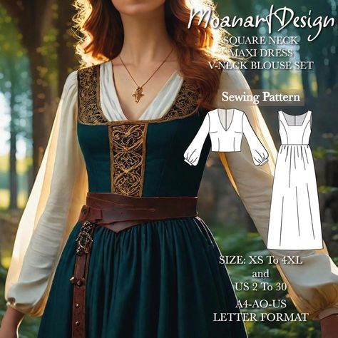 Medieval maxi dress pattern perfect for beginners Buy old and new models in our store at the best price! 👉https://www.etsy.com/shop/MoanartDesign?ref=seller-platform-mcnav Special offer: ♥ Free dress pattern is sent with every order placed today. ♥  The amount of fabric required for the model is 3 meters.  You will need  hidden zipper for the middle back. Our model is suitable for all woven fabrics.  There is a seam allowance in our pattern. **US Sizes: 2, 4, 6, 8, 10, 12, 14, 16, 18, 20, 22, 2 Medieval Overdress Pattern, Medieval Robe Women, Ren Fair Dress Pattern, Medieval Patterns Clothing, Robe Sewing Pattern Free, Medieval Dress Pattern Free, Medieval Sewing Patterns, Easy Wrap Dress Pattern Free, Medieval Dress Sewing Pattern