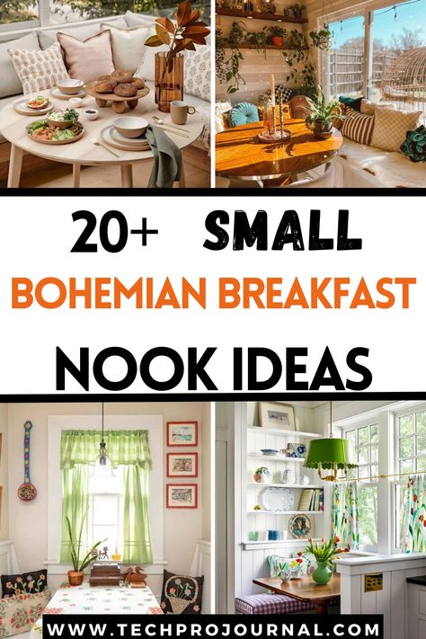 I'm loving the cozy vibes of these small bohemian breakfast nook ideas. With layered textures, earthy tones, and plenty of character, these Bohemian breakfast nooks are perfect for bringing that relaxed, boho style to even the smallest spaces. Kitchen Relaxing Area, Boho Banquette Seating, Kitchen Breakfast Room Ideas, Alternative Breakfast Nook Ideas, Floating Shelves Breakfast Nook, Mcm Kitchen Breakfast Nook, Breakfast Nook Wall Art, Small Space Dining Ideas, Boho Kitchen Table And Chairs