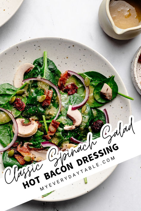 spinach salad with hot bacon dressing Spinach Salad With Bacon Dressing, Best Spinach Salad, Salad With Hot Bacon Dressing, Spinach Salad With Bacon, Easy Dinner Side Dishes, Dinner Side Dish Recipes, Warm Bacon Dressing, Hot Bacon Dressing, Bacon Dressing