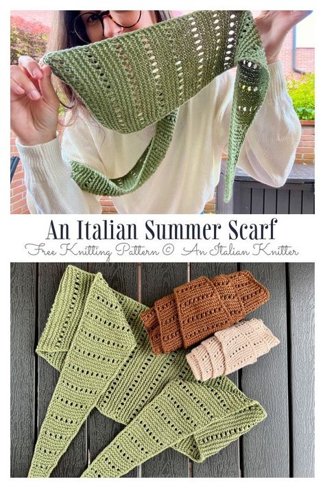 Italian Summer Scarf Free Knitting Pattern Summer Knitting Projects, Shawlette Pattern, Crochet Gloves Pattern, Knitting Patterns Free Scarf, Cowl Knitting Pattern, Summer Scarf, Scarf Knitting, Shawl Knitting Patterns, Shawl Patterns