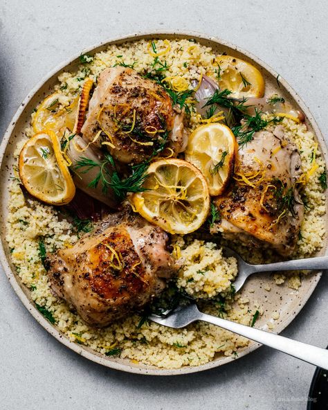 Juicy Chicken Thighs, Baked Lemon Pepper Chicken, Chicken Couscous, Chicken With Lemon, Chicken Mashed Potatoes, Southern Recipes Soul Food, Couscous Recipes, Lemon Dill, Lemon Pepper Chicken