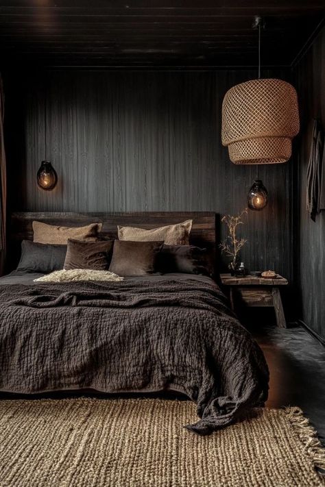 Dark Organic Modern, Modern Boho Bedroom Ideas, Earthy Bedroom Aesthetic, Bedroom Moody, Design A Bedroom, Earthy Bedroom Ideas, Organic Modern Bedroom, Soothing Bedroom, Modern Boho Bedroom