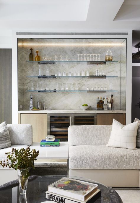 Floating Brass Shelves, Living Room With Bar Area, Home Bar Lounge Room Ideas, Bar In Living Room, Bar Lounge Room, Tribeca Apartment, Apartment Bar, Home Bar Areas, Chip Art