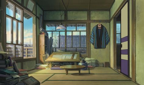 Jiro&#8217;s conjugal bedroom Anime Houses, The Wind Rises, Japanese Bedroom, Wind Rises, Studio Ghibli Characters, Japanese Style House, Japanese Room, Scenery Background, Anime Room