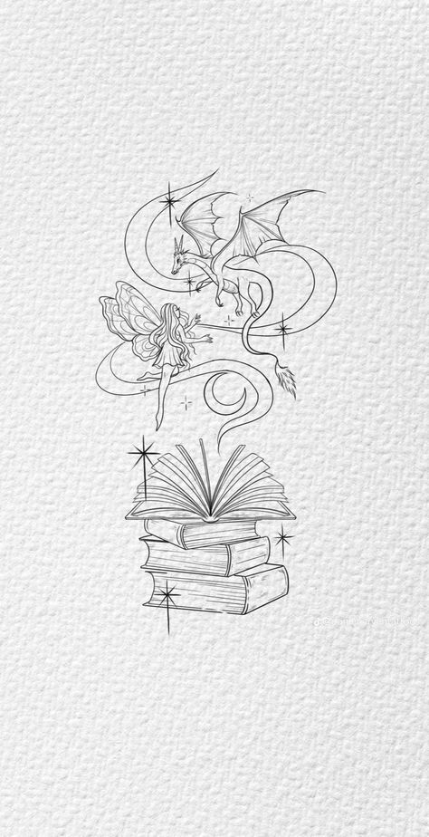 Book Elbow Bend Tattoo, Fantasy Book Outline, Botanical Garden Tattoo, Book Lover Drawings, Book Doodles Easy, Book Spine Tattoo, Book Dragon Tattoo, Bookish Tattoos, Optical Illusion Tattoo