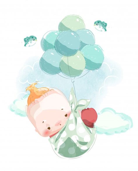 An image of a newborn baby for assemblin... | Premium Vector #Freepik #vector #watercolor #baby #card #cloud Baby Illustration Art Newborn, New Born Baby Card, Cartoon Art Prints, Heart Pattern Background, Floating In The Sky, Newborn Art, Soft Pink Wedding, Elegant Wedding Invitation Card, Floral Cards Design