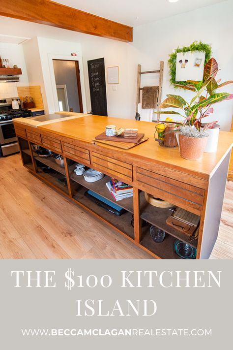 70s Kitchen Island, Temporary Island Kitchen, Kitchen Island Repurposed Furniture, Kitchen Island Build Plans, Metal Kitchen Island Modern, Thrifted Kitchen Cabinets, Makeshift Island Kitchen, Diy Repurposed Kitchen Island, Affordable Kitchen Island