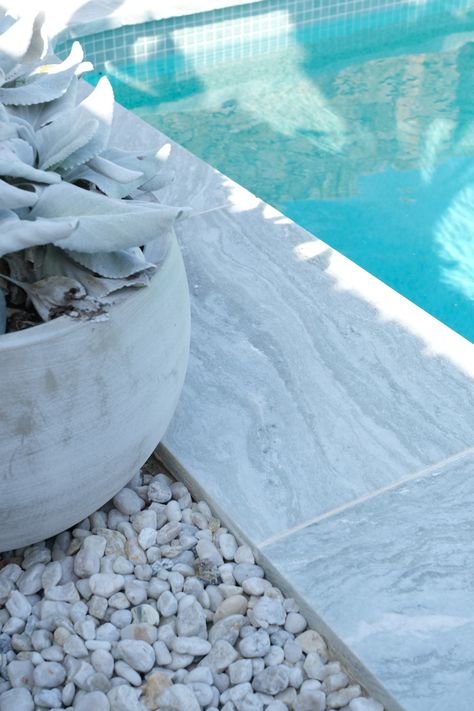 Lithic Australia's Saltbush marble used for pool paving. Marble Pool Tiles, Modern Pool Tile Ideas, Marble Pool, Pool Paving, Veneer Texture, Landscape House, Pool Renovation, Twisted Series, Modern Pools