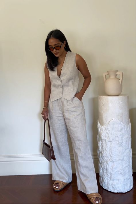 BANKS NATURAL LINEN VEST curated on LTK Tailored Pants And Vest Outfit, Vest With Pants Outfit, Beige Linen Trousers Outfit Summer, Linen Vest And Pants Outfit, Tailored Linen Pants Outfit, Linen Trouser Outfit Women, Vest Set Outfits For Women, Linen Vest Set, Linen Summer Set