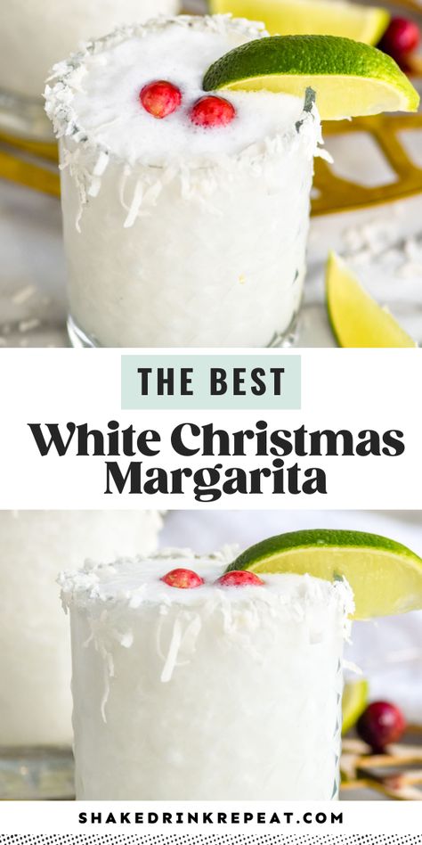 Are you dreaming of a White Christmas Margarita? This festive margarita has all the flavors of your standard margarita with the addition of coconut and is garnished with cranberries and a lime for a festive flare. Christmas Margaritas, White Christmas Margarita, White Christmas Martini, Holiday Margaritas, Christmas Margarita, Tropical Backdrop, Christmas Cocktails Easy, Christmas Drinks Alcohol Recipes, Cranberry Margarita