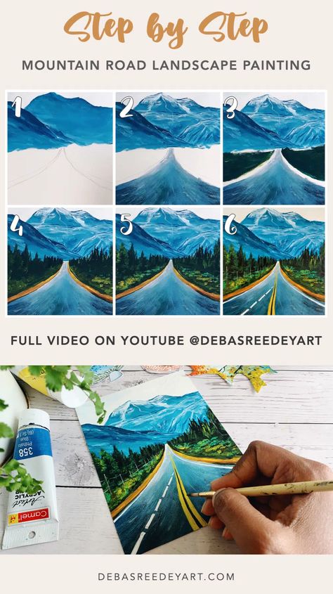 Road Painting Easy, Draw Landscape Step By Step, Landscape Step By Step, Everyday Painting, Jungle Painting, Landscape Steps, Road Painting, Sunset Road, Color Pencil Illustration