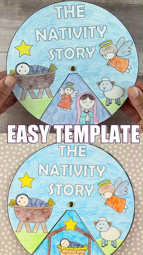 If you are looking for nativity crafts for kids or easy bible crafts for kids to make this Christmas at home or at Christmas Sunday school, this nativity story spinner wheel craft for preschoolers and older kids comes with a simple printable template. Include it in your list of Christian Christmas crafts or baby Jesus crafts and use it as an advent bible activity for kids. The cover features baby Jesus, the Christmas angel and the star - all for kids to color. An easy coloring Christmas craft. Christian Christmas Kids Crafts, Baby Jesus Crafts, Bible Activity For Kids, Nativity Crafts For Kids, Jesus Christmas Crafts, Christian Christmas Activities, Christmas Church Crafts, Christmas Sunday School Crafts, Kids Church Christmas