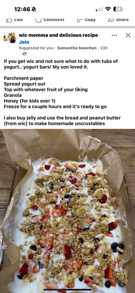 Wic Meal Ideas, Wic Meals, Granola Recipe For Yogurt, Post Partum Snacks To Make, Yogurt And Granola Recipes, Wic Food Recipes, Healthy Snacks Post Partum, Wic Recipes, Wic Recipes Ideas