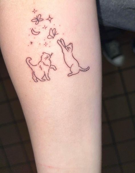 Cat Owner Tattoo Ideas, Fuzzy Cat Tattoo, Pair Of Cats Tattoo, Small Tabby Cat Tattoo, Angel Kitty Tattoo, Tattoos For Passed Cats, Cat With Butterfly Tattoo, Memorial Cat Tattoos, Tattoos For Cats That Passed