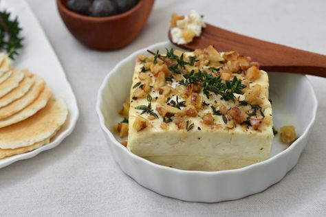 Recipe: Baked Feta with Honey, Walnuts, and Thyme | The Public Kitchen | Food | KCET -- Also great with rosemary and almonds! Baked Feta With Honey, Feta With Honey, Feta Honey, Honey Walnuts, Recipe Using Honey, Mediterranean Vegetables, Roasted Mediterranean Vegetables, Tomatoes Roasted, Impressive Appetizers