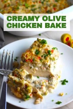 This Creamy Olive Chicken Bake is magnificently thick, creamy and infused with flavor from garlic and nutty Parmesan Cheese. The best part; however, is the salty and briny flavor kick from the green olives with a little sweetness from the pimiento. Baked in the oven, this Creamy Olive Chicken is super simple and takes a boring chicken breast over the top with flavor!! #chickenrecipes #chicken #chickendinner #olives #easydinner #easyrecipes #comfortfood Mom Meal Prep, Olive Chicken, Caramelized Onions And Mushrooms, Busy Mom Recipes, Greek Foods, Cheese Baked, Yummy Dishes, Chicken Bake, Easy Chicken Dinner Recipes