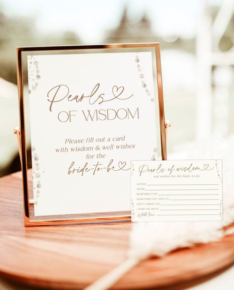 This Pearls of Wisdom Sign features watercolor pearls to add some fun to your Pearls and Prosecco Bridal Shower or special event! After you place your order, you will receive an email from Templett with access to your self-editable template where you will be able to customize all your own details! (Please ensure the email linked to your Etsy account is up to date.) Templett is an online application editor that allows you to completely personalize your printable directly in your browser. Great ne Bridal Shower Theme Unique, Pearls And Bows Bridal Shower Theme, Pearls Prosecco Bridal Shower Theme, Pearls And Prosecco Engagement Party, Pearls And Persecco Bridal, Petals And Pearls Theme, Champagne And Pearls Bridal Shower Theme, A Little Pearl Is On The Way, Pearl Themed Bridal Shower