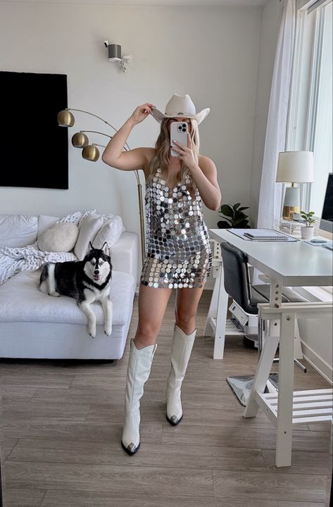 nashville outfit, nashville look, nashville bachelorette, cowboy boots, nashville look, nashville bach aesthetic, white cowboy boots, nashville bach dress, sparkly nashville dress, sequin dress Nashville Bachelorette Party Outfit Bride, Sparkly Cowboy Boots Outfit, Nashville Bride Outfit, Cowboy Boots Nashville, Nashville Dress, Rodeo Wedding, Nashville Bachelorette Party Outfit, Cowboy Bachelorette, Cowgirl Bachelorette Party Outfits