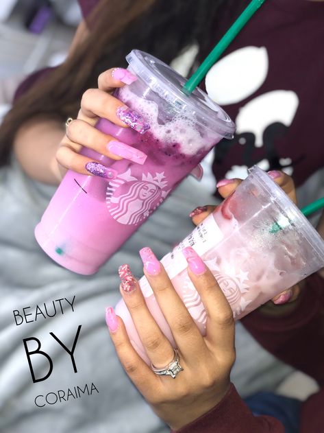 Pink Drink Nails Acrylic, Starbucks Pink Drink Birthday Party, Starbucks Inspired Nails, Purple Starbucks Drink, Pink Drink From Starbucks, Purple Starbucks, Starbucks Nails, Girl Drinking Starbucks Drawing, Girl Drinking Starbucks