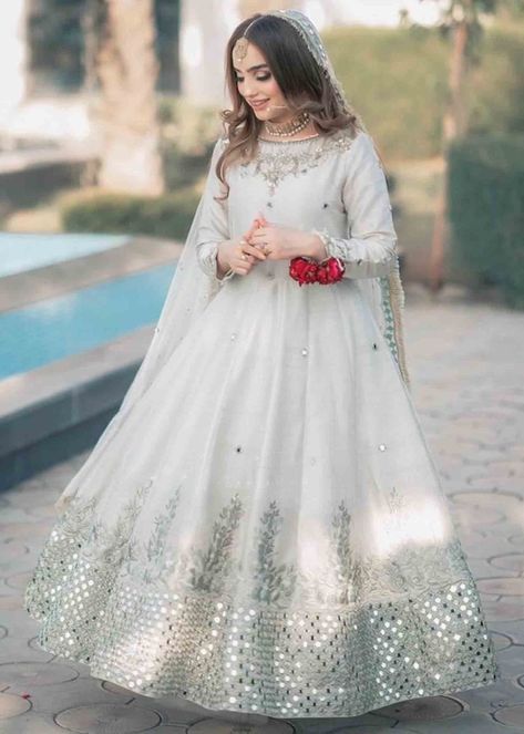 Mirror Work Frock Design, Engagement Dresses For Bride, Girl Dress Ideas, Nikkah Brides, Nikkah Bride, Engagement Dress For Bride, Nikah Outfit, Dresses For Bride, Nikah Dress