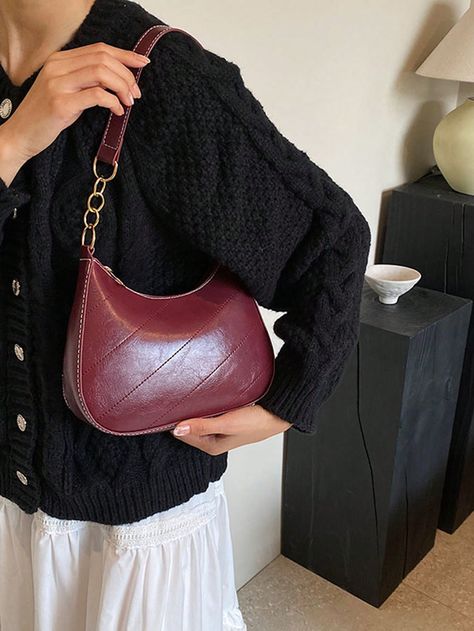 Burgundy Casual,Cute,Elegant,Preppy,Sporty,Vintage,Vacation,Fashionable Collar  Polyester Plain Baguette Bag Embellished   Women Bags Burgundy Shoulder Bag, Thanksgiving Accessories, Elegant Preppy, Vintage Vacation, Burgundy Bag, Color Combos Outfit, Baguette Bag, Small Shoulder Bag, Suitcases