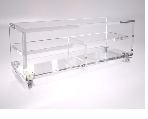 TV Unit Media Console- Clear Plexiglas acrylic TV screen display unit with extra shelving, the unit is standing on lockable wheels. Acrylic Tv Stand, Acrylic Tables, Modern Tv Console, Table With Wheels, Tv Console Table, Tv Screen, Display Unit, Bauhaus Design, Acrylic Table