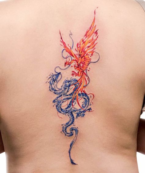 Fire phoenix and water dragon @tattooist.inno Megan Bowen Tattoo, Phoenix And Dragon Tattoo Design, Phoenix Dragon Tattoo, Dragon Phoenix Tattoo, Phoenix And Dragon Tattoo, Dragon And Phoenix Tattoo, Unique Dragon Tattoo, Dragons Tattoo, Phönix Tattoo