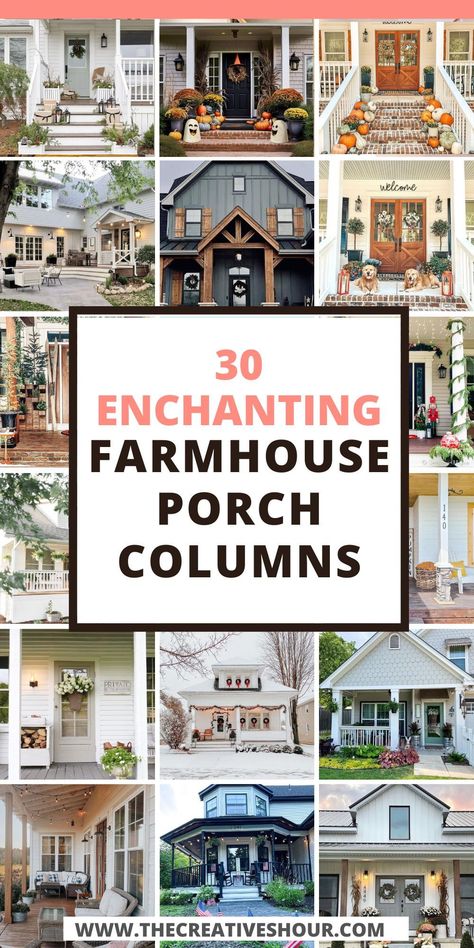 Upgrade your home's entrance with modern farmhouse porch columns! Dive into ideas featuring wood, cedar, and front posts for a trendy look. Explore the perfect blend of modern and rustic charm. #ModernFarmhouse #CedarPosts #FrontPorchIdeas Brick Homes With Porches Farmhouse, Farmhouse Brick Front Porch, Front Porch Posts Columns Farmhouse, Front Porch Structure Ideas, Cedar Wrapped Posts Front Porch, Painted Columns On Front Porch, Outdoor Front Porch Ideas Entrance, Front Porch Gable Ideas, Front Porch Pillar Ideas