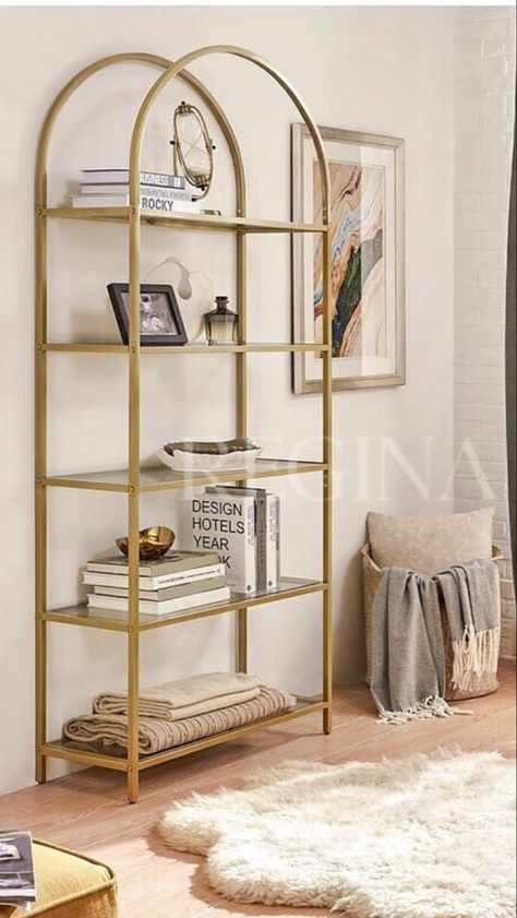 Gold Shelf Decor, Arch Shelf, Zen Room Decor, Glass Bookshelves, Gold Bookshelf, Gold Shelves, Gold Living Room, Beige Living Rooms, Bookshelf Design