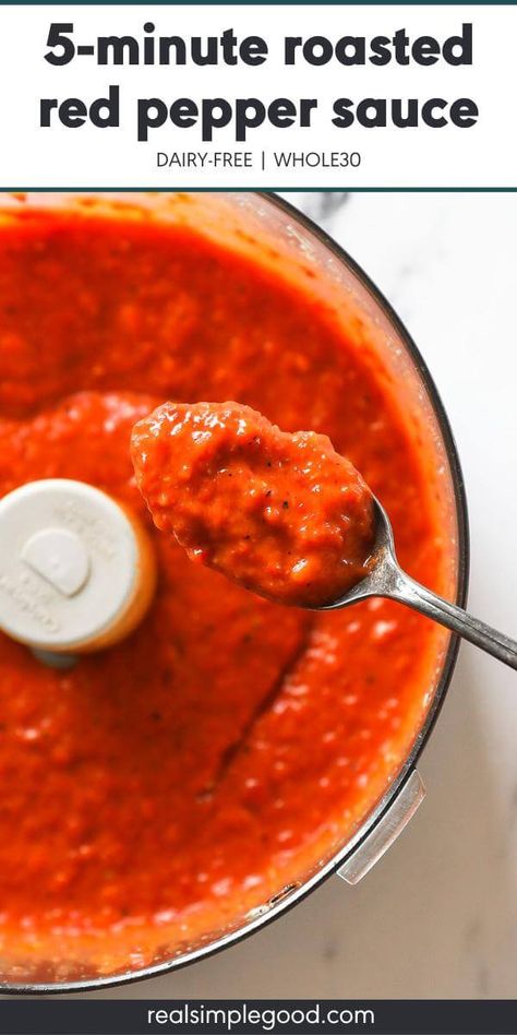 This creamy, blended 3-ingredient roasted red pepper sauce is completely dairy-free. Ripe avocado replaces heavy cream, and a jar of roasted peppers is used for ease and convenience! Use this versatile sauce as a dip or dressing, or spread it on burgers and sandwiches for added flavor. Ready within 5 minutes using high-powdered blender (or food processor). | Real Simple Good via @realsimplegood Red Pepper Puree, Red Pepper Sandwich, Red Pepper Sauce Recipe, Processor Recipes, Roasted Pepper Sauce, Roasted Red Pepper Sauce, Red Pepper Sauce, Whole30 Recipes, Roasted Red Pepper