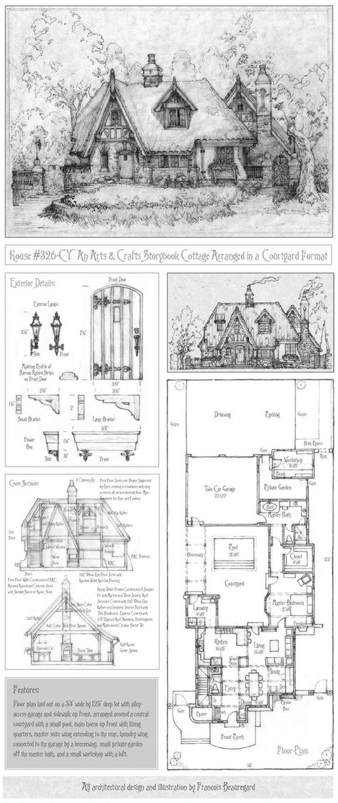 Beautiful Courtyards, Storybook House, Storybook Homes, Deep River, Vintage House Plans, Fairytale Cottage, Storybook Cottage, Cottage Plan, Architectural Drawing