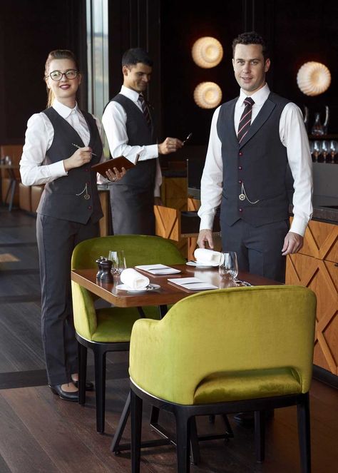 Waiter Outfit, Restaurant Uniform, Cafe Uniform, High End Boutique, Waiter Uniform, Modern Restaurant Design, Restaurant Uniforms, Hotel Uniform, Lounge Club